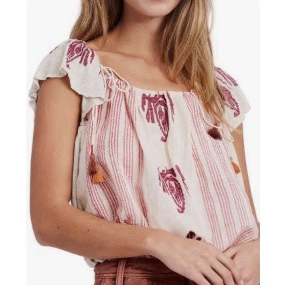 Free People Pukka Tee Womens Small Cream Pink Boho Embroidered Peasant Top